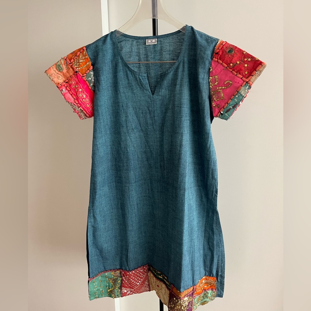 Cottons" turquoise teal blue Short sleeve embellished cotton Kurta tunic brocade